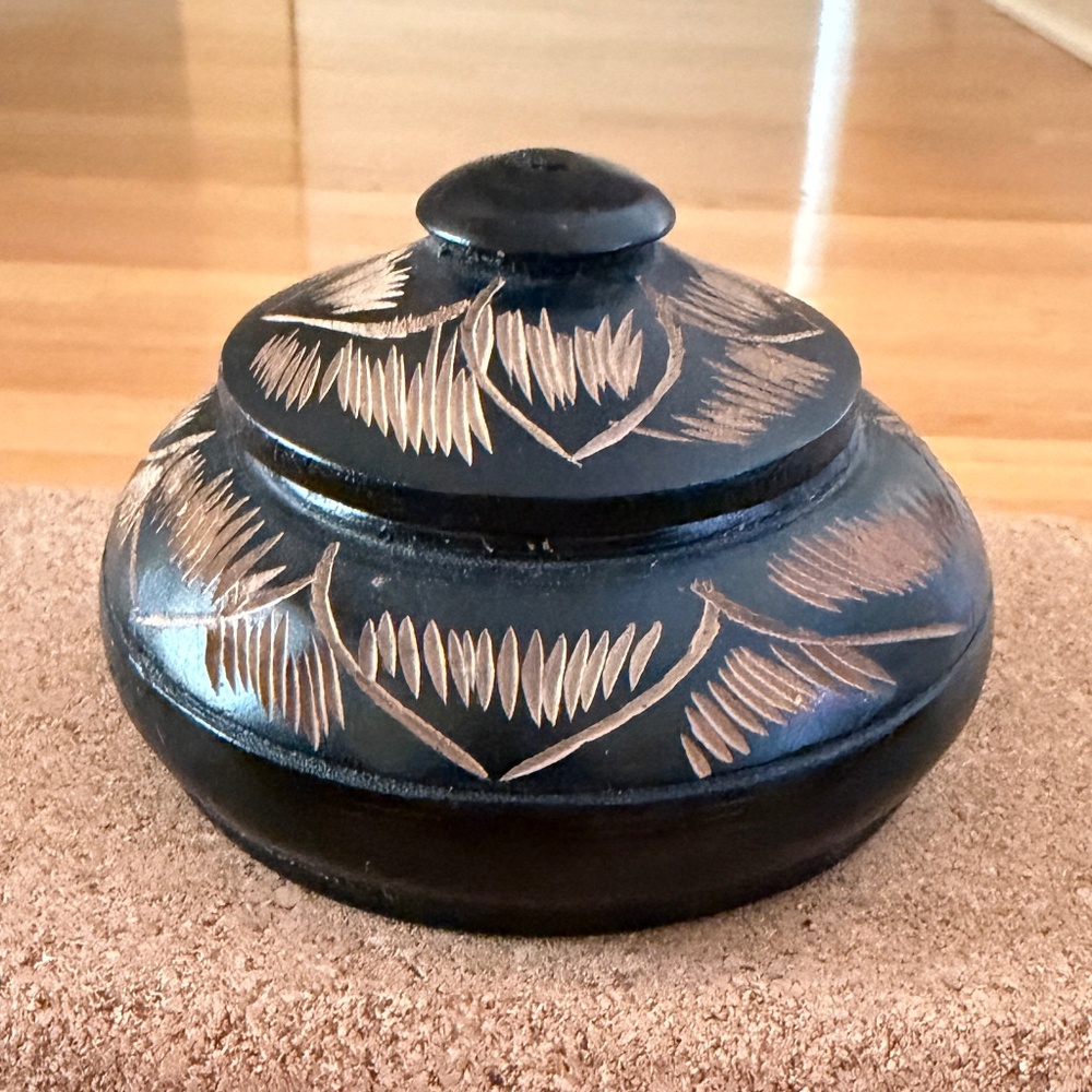 Black Wood Hand Carved Container, Bowl with Lid Carved Design African Inspired